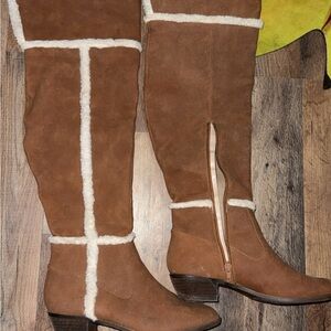 Brown Suede Knee-High Boots with Shearling Trim